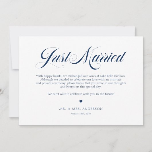 ネイビーブルーエレガント書道はっきりしたたった今結婚しました 案内状 (正面)