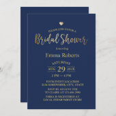 ネイビーブルーエレガント金ゴールドハートブライダルシャワー 招待状 (正面/裏面)