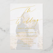 ネイビーブルーエレガント金ゴールドフォトオーバーレイ結婚ズ 箔招待状 (正面)