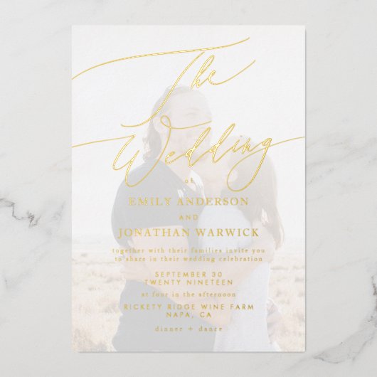 ネイビーブルーエレガント金ゴールドフォトオーバーレイ結婚ズ 箔招待状 (正面)