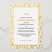 ネイビーブルーエレガント金ゴールドラグジュア結婚リー 箔招待状 (正面)