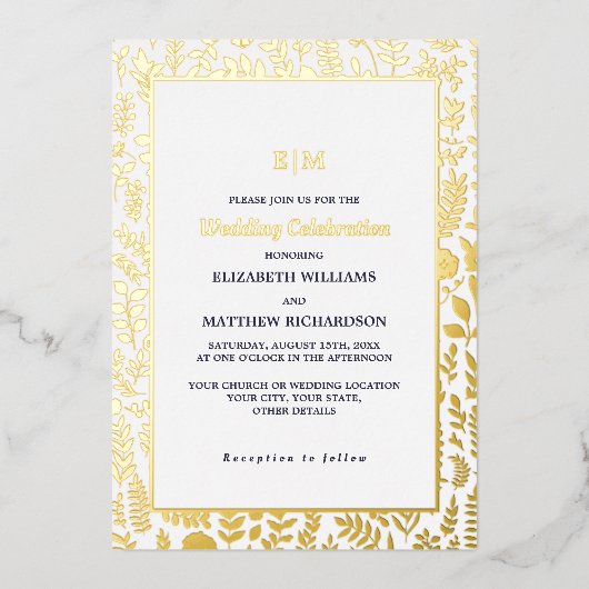 ネイビーブルーエレガント金ゴールドラグジュア結婚リー 箔招待状 (正面)