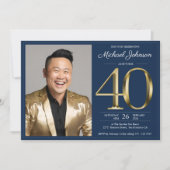 ネイビーブルーエレガント金ゴールド写真40歳の誕生日パーティー 招待状 (正面)