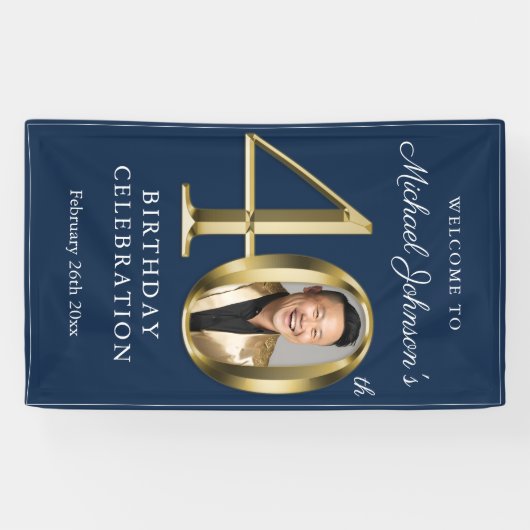 ネイビーブルーエレガント金ゴールド40th誕生日パーティーへようこそ 横断幕 (横)