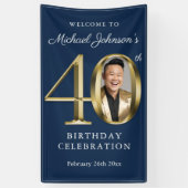 ネイビーブルーエレガント金ゴールド40th誕生日パーティーへようこそ 横断幕 (縦)