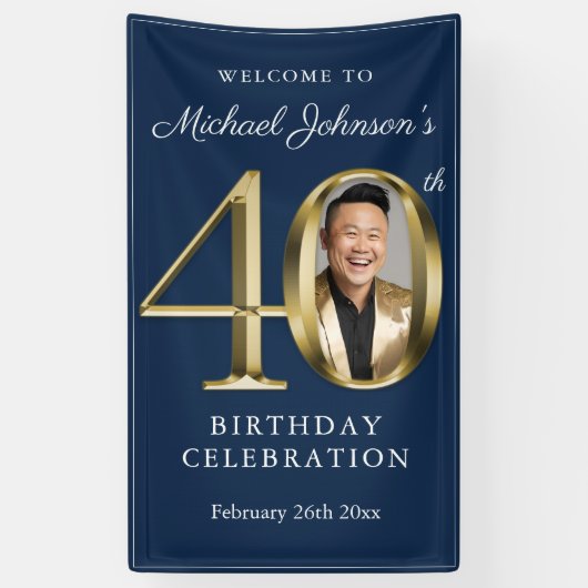 ネイビーブルーエレガント金ゴールド40th誕生日パーティーへようこそ 横断幕 (縦)