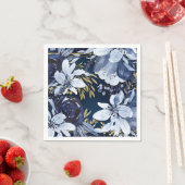 ネイビーブルーエレガント&金ゴールドモダン水彩フローラ スタンダードカクテルナプキン (インサイチュ)