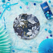 ネイビーブルーエレガント&金ゴールドモダン水彩フローラ ペーパープレート (パーティー)