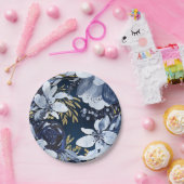 ネイビーブルーエレガント&金ゴールドモダン水彩フローラ ペーパープレート (パーティー)