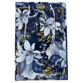 ネイビーブルーエレガント&金ゴールドモダン水彩フローラ ミディアムペーパーバッグ (正面)