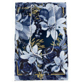 ネイビーブルーエレガント&金ゴールドモダン水彩フローラ ミディアムペーパーバッグ (裏面)