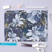 ネイビーブルーエレガント&金ゴールドモダン水彩フローラ 薄葉紙 (クラフト)