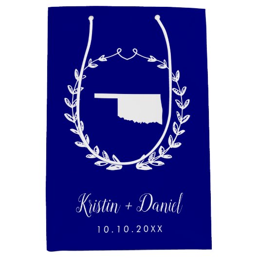 ネイビーブルーオクラホママップ結婚のウェルカムスワッグ ミディアムペーパーバッグ (正面)