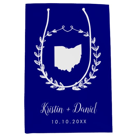 ネイビーブルーオハイオ結婚マップの歓迎スワッグ ミディアムペーパーバッグ (正面)