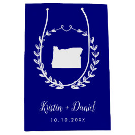 ネイビーブルーオレゴン結婚マップの歓迎スワッグ ミディアムペーパーバッグ