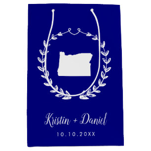 ネイビーブルーオレゴン結婚マップの歓迎スワッグ ミディアムペーパーバッグ