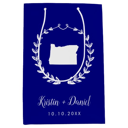 ネイビーブルーオレゴン結婚マップの歓迎スワッグ ミディアムペーパーバッグ (正面)