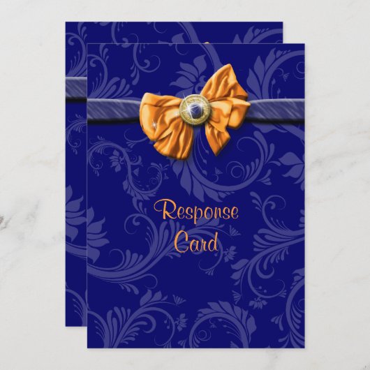 ネイビーブルーオレンジの結婚式の出欠返信 招待状 (正面/裏面)