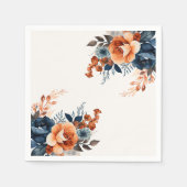 ネイビーブルーオレンジウォーターカラーフローラ スタンダードカクテルナプキン (正面)