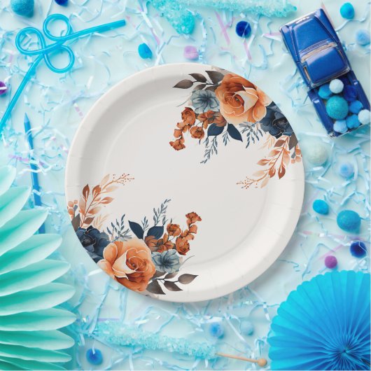 ネイビーブルーオレンジウォーターカラーフローラ ペーパープレート (パーティー)