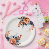 ネイビーブルーオレンジウォーターカラーフローラ ペーパープレート (パーティー)