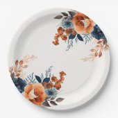 ネイビーブルーオレンジウォーターカラーフローラ ペーパープレート (正面)