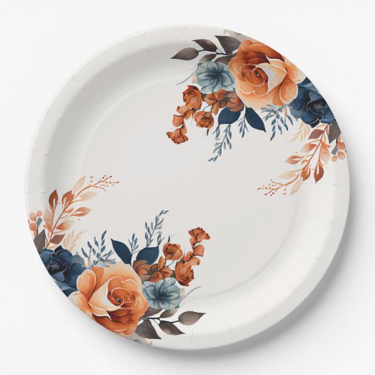 ネイビーブルーオレンジウォーターカラーフローラ ペーパープレート (正面)