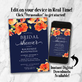 ネイビーブルーオレンジゴールデンポピーブライダルシャワー 招待状