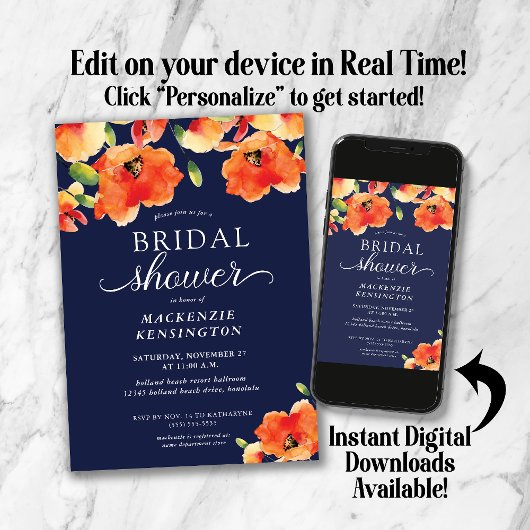 ネイビーブルーオレンジゴールデンポピーブライダルシャワー 招待状