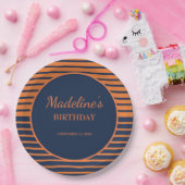 ネイビーブルーオレンジストライプのバースデーパーティー ペーパープレート (パーティー)