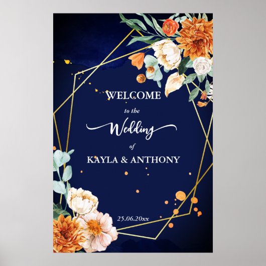 ネイビーブルーオレンジセージ花歓迎サイン ポスター (正面)