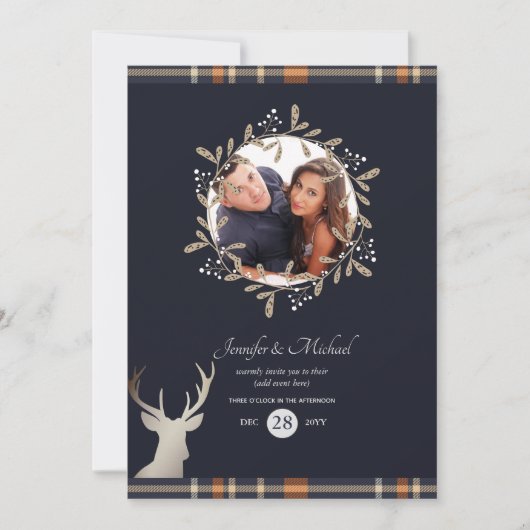 ネイビーブルーオレンジタータンチェックスタッグ写真任意のイベント 招待状 (正面)