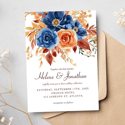 ネイビーブルーオレンジテラコッタエレガントな結婚式 招待状