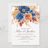 ネイビーブルーオレンジテラコッタエレガントな結婚式 招待状 (正面)