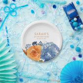 ネイビーブルーオレンジテラコッタボホ秋フローラ ペーパープレート (パーティー)