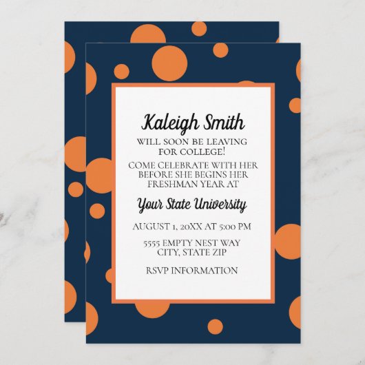ネイビーブルーオレンジドットカレッジトランクパーティー 招待状 (正面/裏面)