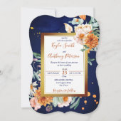 ネイビーブルーオレンジバラクリームフラワーウェディング招待 招待状 (正面)