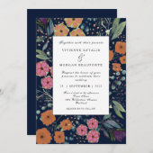 ネイビーブルーオレンジピンクの花春の結婚式 招待状 (正面/裏面)