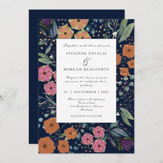 ネイビーブルーオレンジピンクの花春の結婚式 招待状 (正面/裏面)