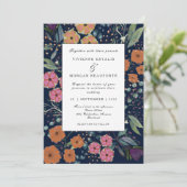 ネイビーブルーオレンジピンクの花春の結婚式 招待状 (スタンド正面)