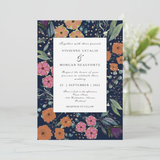 ネイビーブルーオレンジピンクの花春の結婚式 招待状 (スタンド正面)