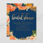 ネイビーブルーオレンジフローラブライダルシャワー招待 (正面/裏面)