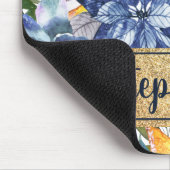 ネイビーブルーオレンジフローラ金ゴールド名スクリプト マウスパッド (コーナー)