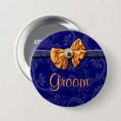 ネイビーブルーオレンジブライダルパーティ結婚ズ 缶バッジ (正面&裏面)