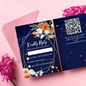 ネイビーブルーオレンジホワイトローゼウディングRSVP 出欠カード