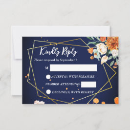 ネイビーブルーオレンジホワイトローゼウディングRSVP 出欠カード