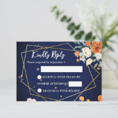 ネイビーブルーオレンジホワイトローゼウディングRSVP 出欠カード (スタンド正面)