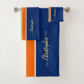 ネイビーブルーオレンジレーシングストライプ金ゴールドモノグラム バスタオルセット (インサイチュ)