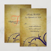 ネイビーブルーオレンジヴィンテージウェディングRSVPカード 出欠カード (正面/裏面)