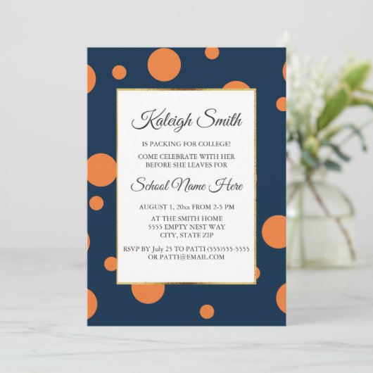 ネイビーブルーオレンジ水玉模様カレッジトランクパーティー 招待状 (スタンド正面)